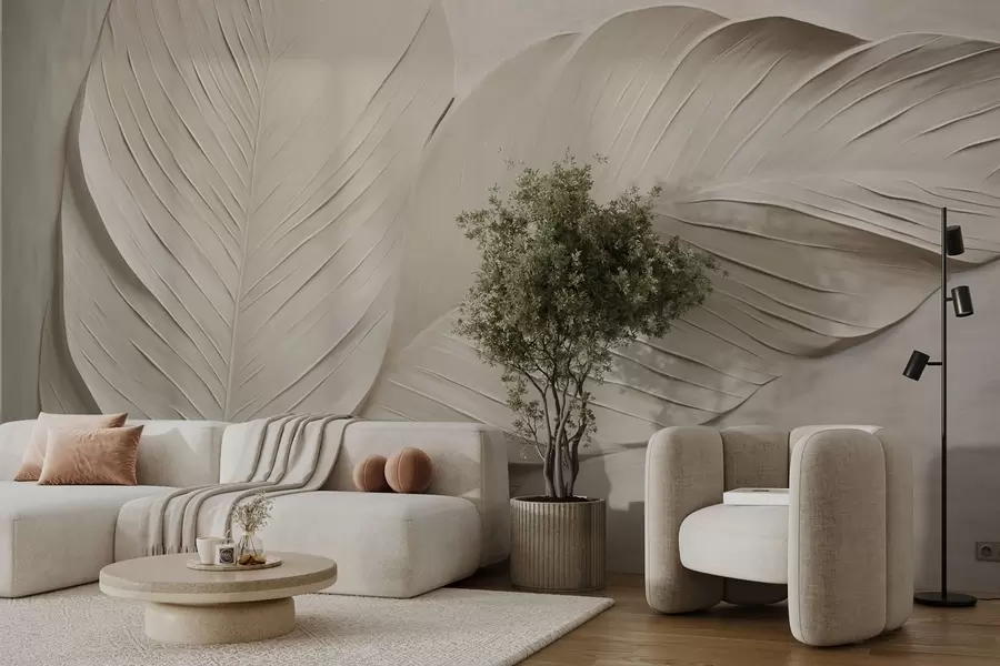 wall murals Embossed beige leaves with soft shadows w04614