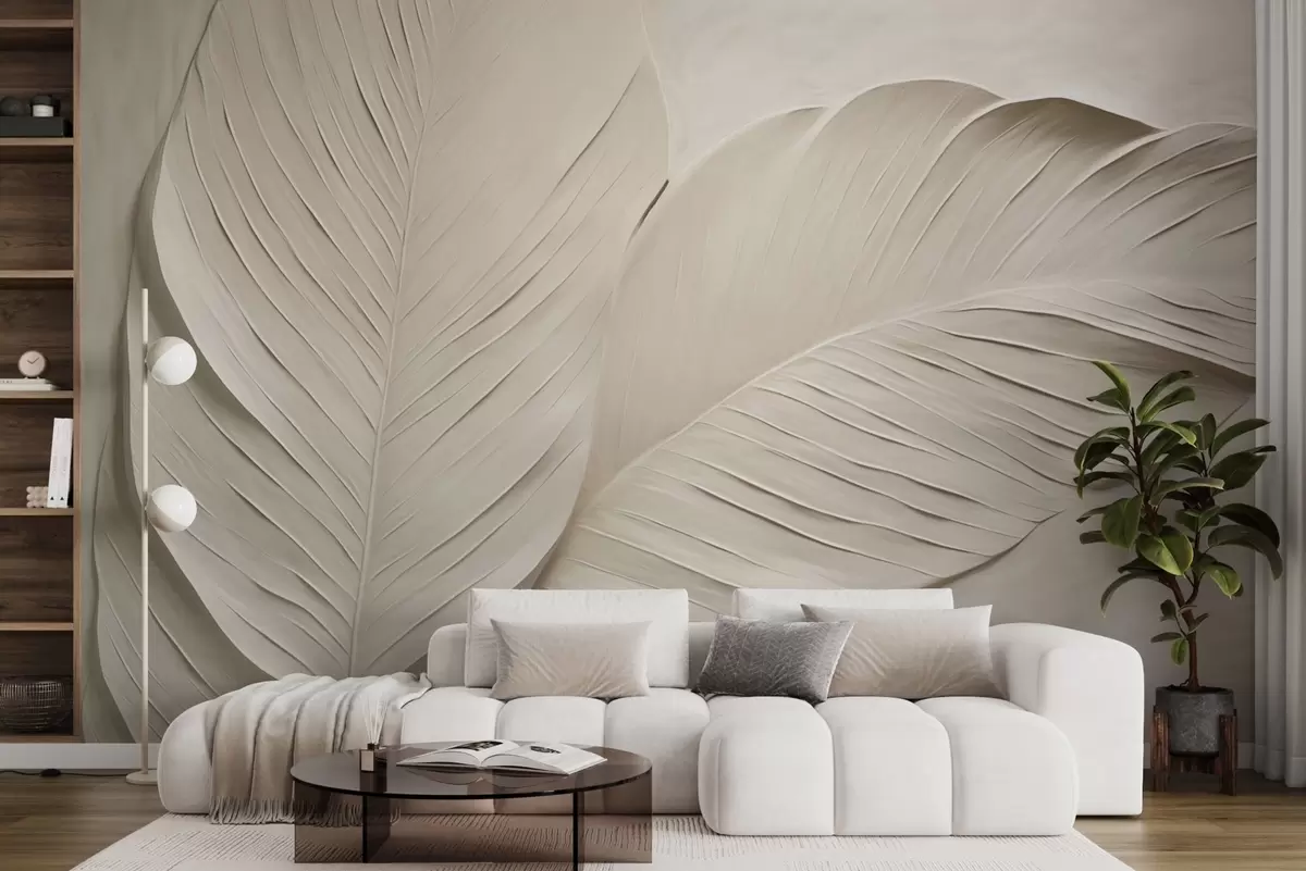 wall murals Embossed beige leaves with soft shadows w04614