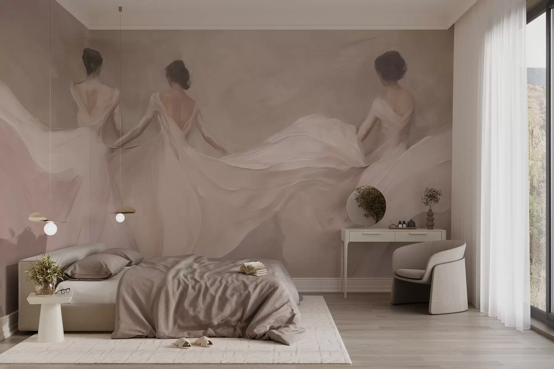 wall murals Three women in pink dresses, flowing fabric, softness w04709