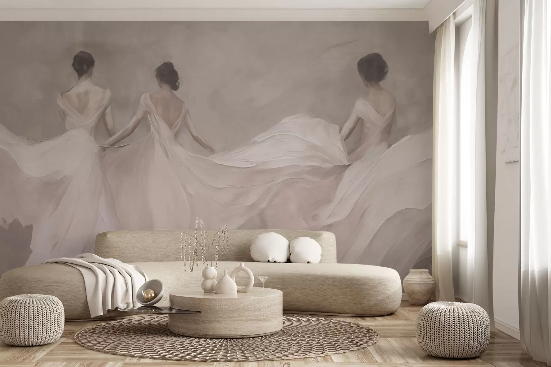 wall murals Three women in pink dresses, flowing fabric, softness w04709