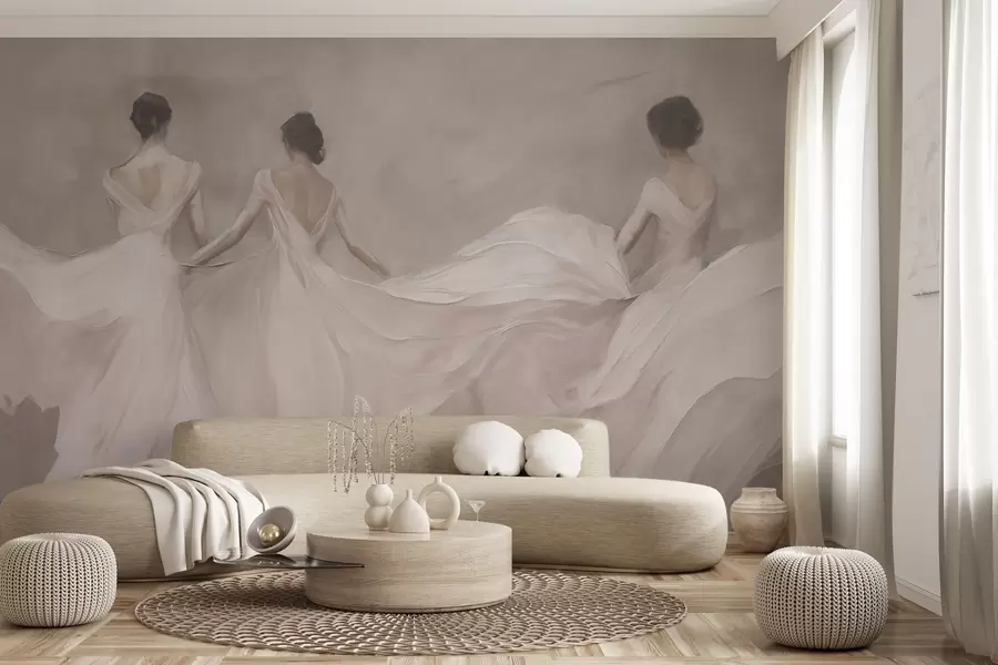 wall murals Three women in pink dresses, flowing fabric, softness w04709