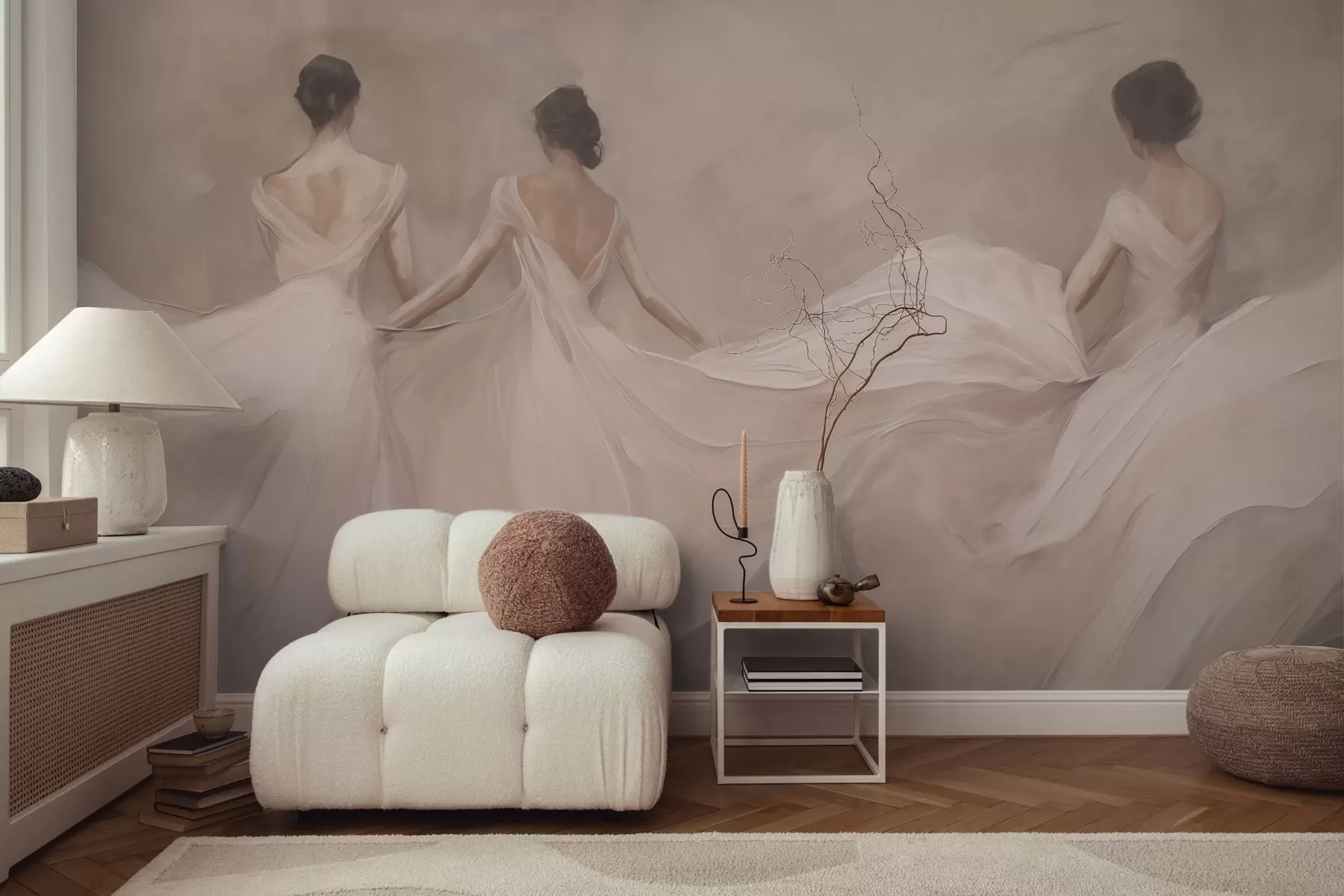 wall murals Three women in pink dresses, flowing fabric, softness w04709