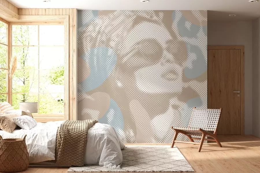 wall murals portrait of a woman on a leopard background in a dotted style in beige and blue tones w04630