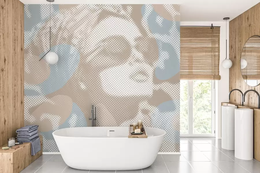 wall murals portrait of a woman on a leopard background in a dotted style in beige and blue tones w04630