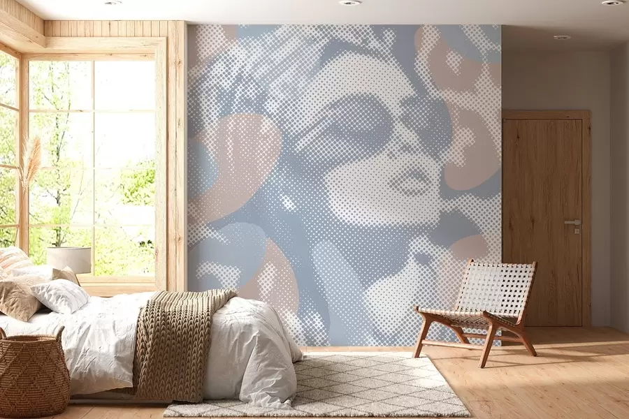 wall murals portrait of a woman on a leopard background in a dotted style in blue tones w04630v1
