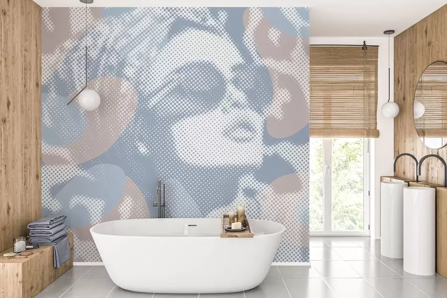 wall murals portrait of a woman on a leopard background in a dotted style in blue tones w04630v1