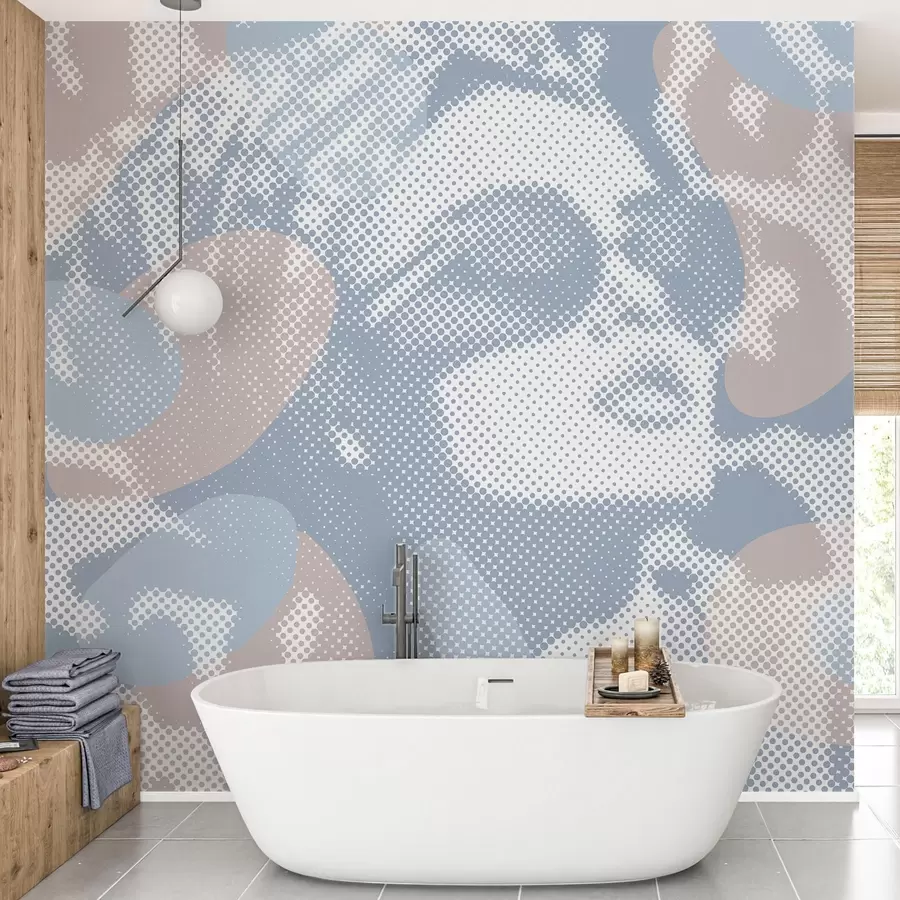 wall murals portrait of a woman on a leopard background in a dotted style in blue tones w04630v1