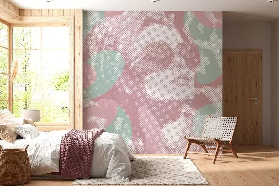 wall murals portrait of a woman on a leopard background in a dotted style in pink and green tones w04630v2