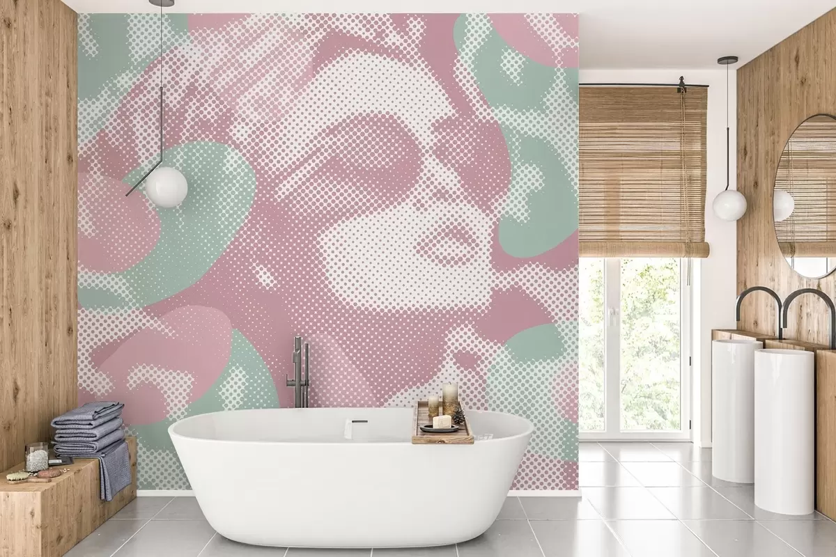 wall murals portrait of a woman on a leopard background in a dotted style in pink and green tones w04630v2