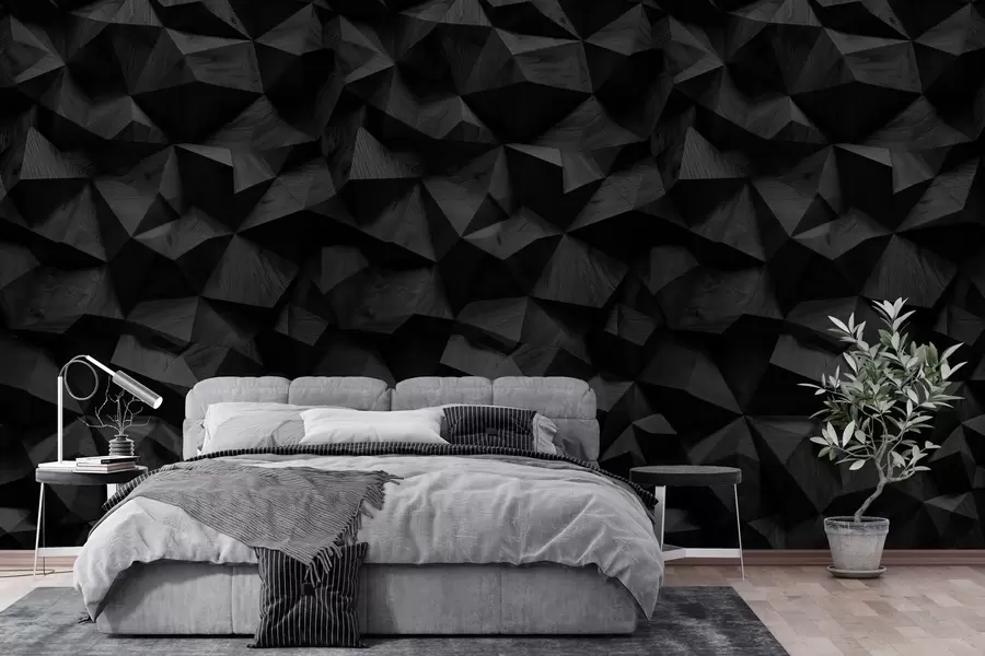 wall murals imitation of an angular relief wall made of dark wood w04632v1