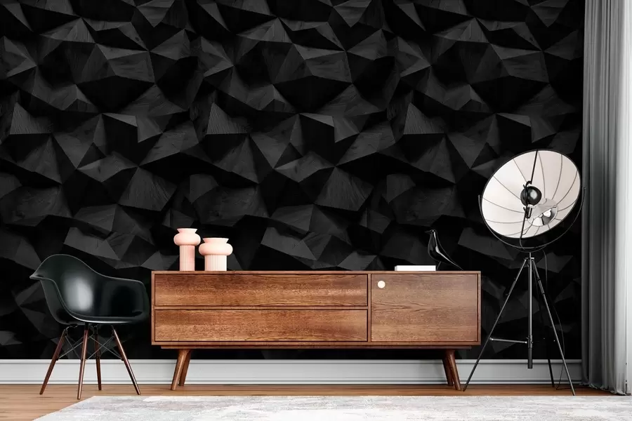 wall murals imitation of an angular relief wall made of dark wood w04632v1