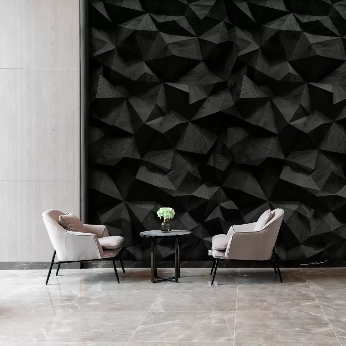 wall murals imitation of an angular relief wall made of dark wood w04632v1