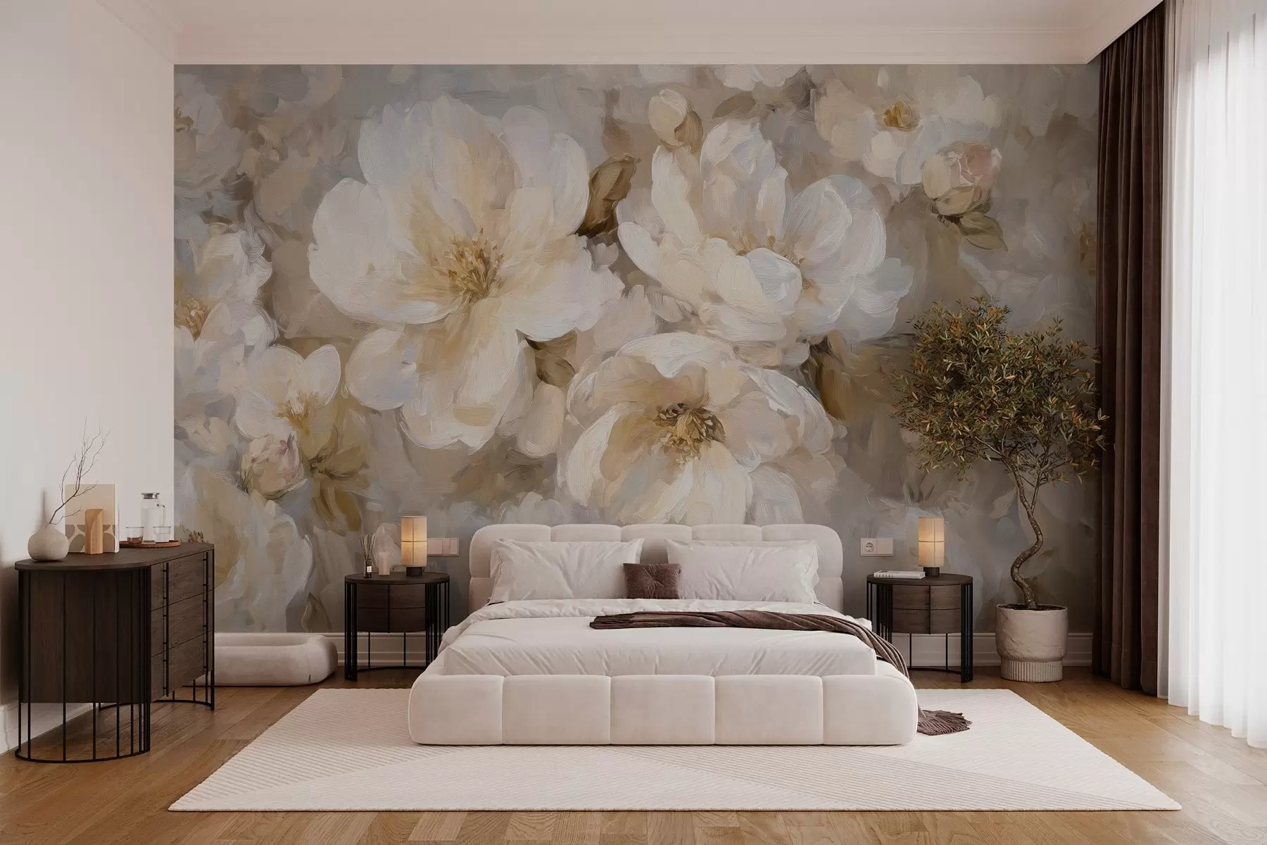 wall murals large flowers in white and beige tones in the style of oil painting w04633