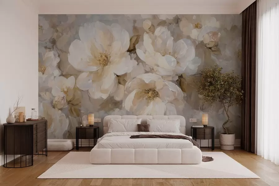 wall murals large flowers in white and beige tones in the style of oil painting w04633