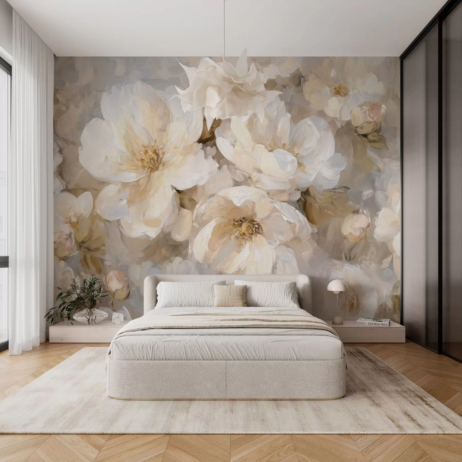 wall murals large flowers in white and beige tones in the style of oil painting w04633