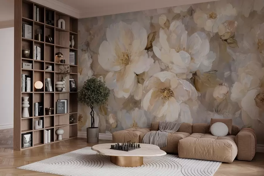 wall murals large flowers in white and beige tones in the style of oil painting w04633
