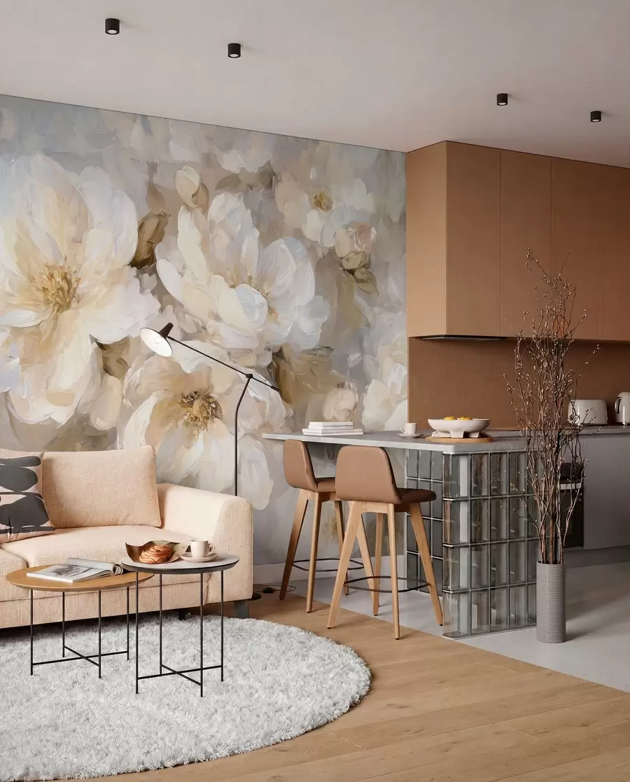 wall murals large flowers in white and beige tones in the style of oil painting w04633