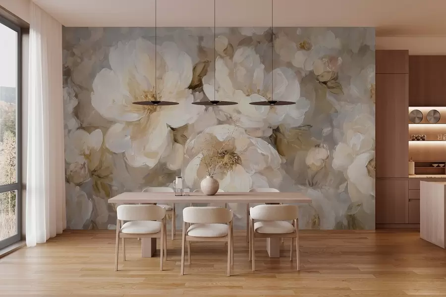 wall murals large flowers in white and beige tones in the style of oil painting w04633