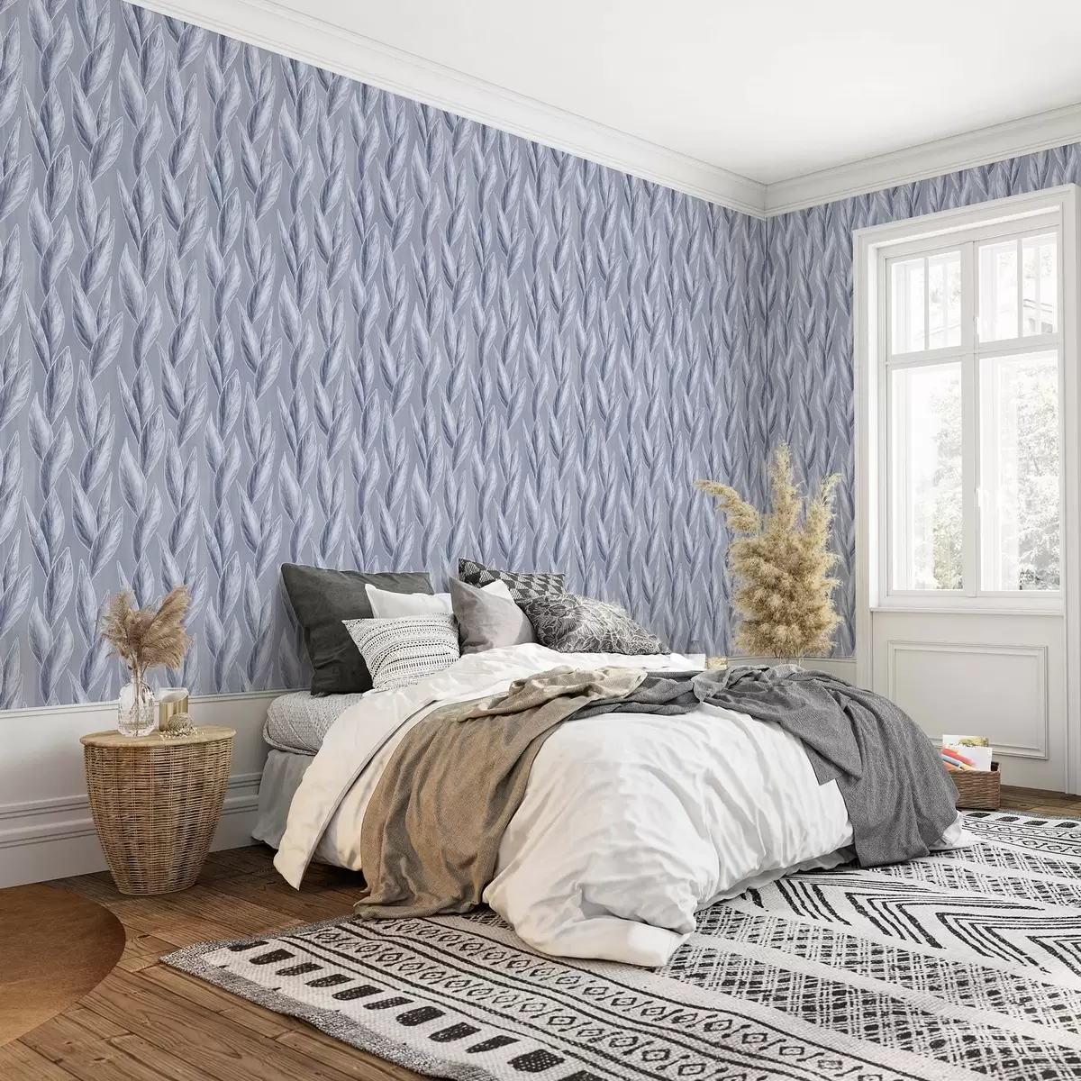 Wallpaper Silvery-blue leaves on a gray-blue background, graphic pattern a00627