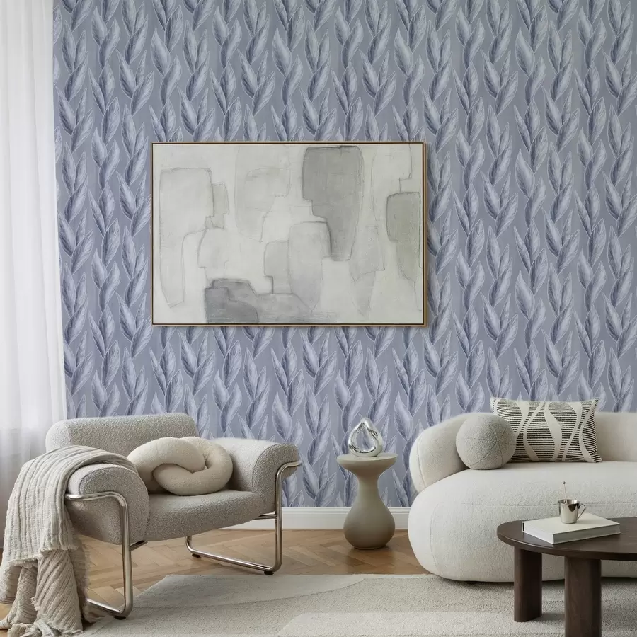 wall murals Silvery-blue leaves on a gray-blue background, graphic pattern a00627