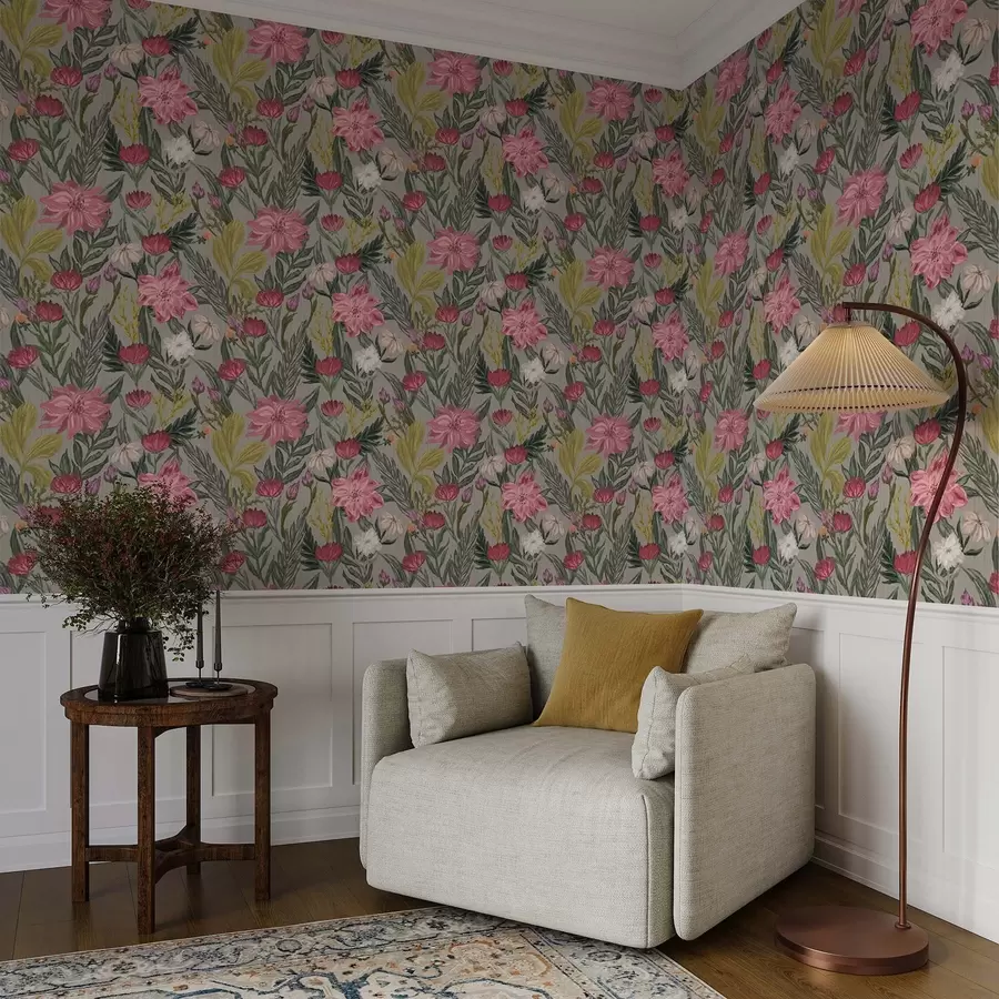 wall murals Lush pink and cream flowers on a gray background, impasto texture a00629