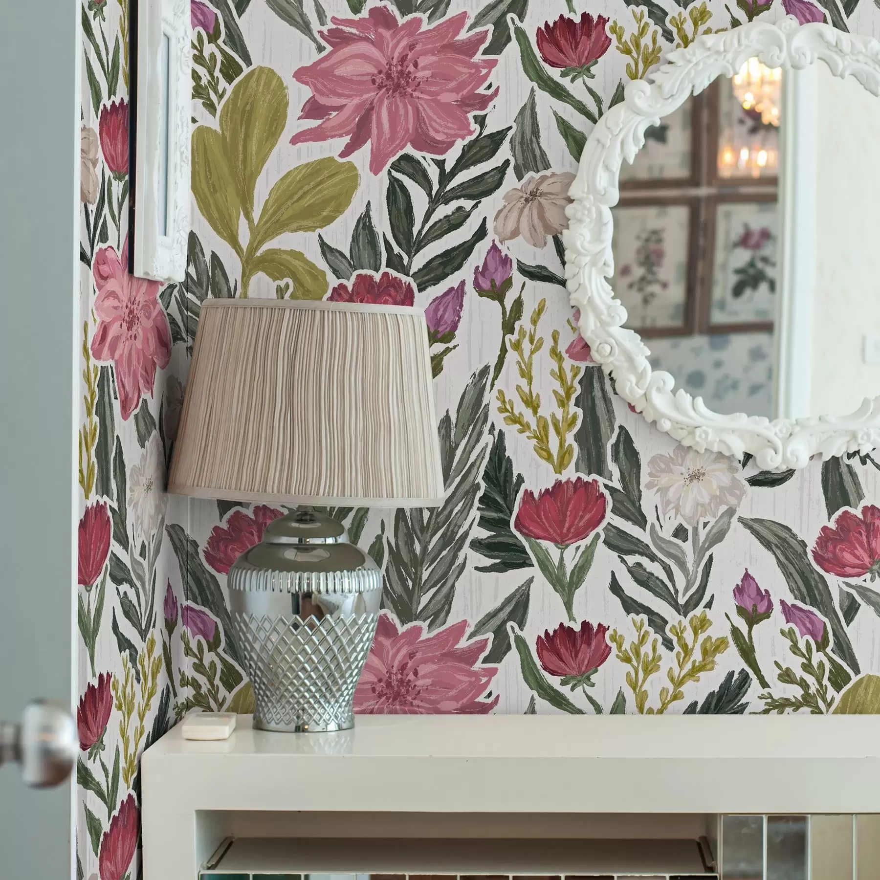 wall murals Lush pink and cream flowers on a white background, impasto texture a00629v1