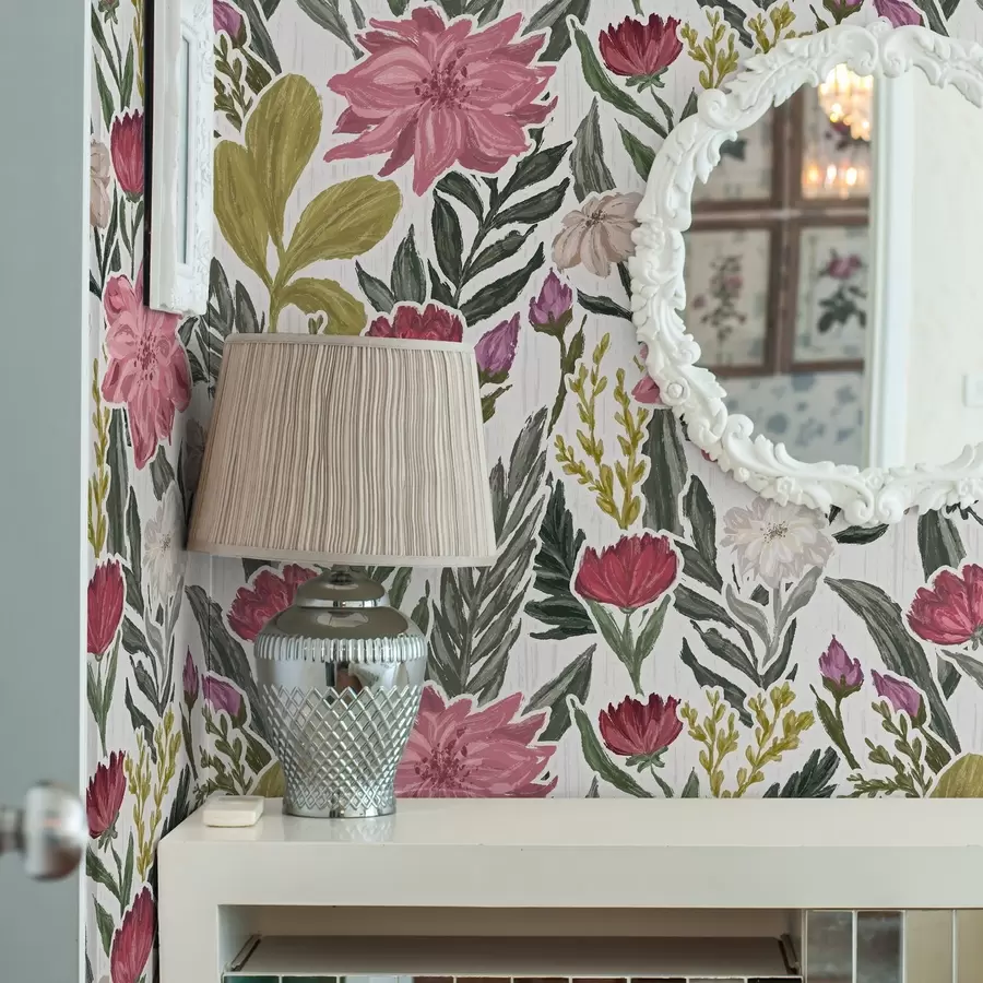 wall murals Lush pink and cream flowers on a white background, impasto texture a00629v1