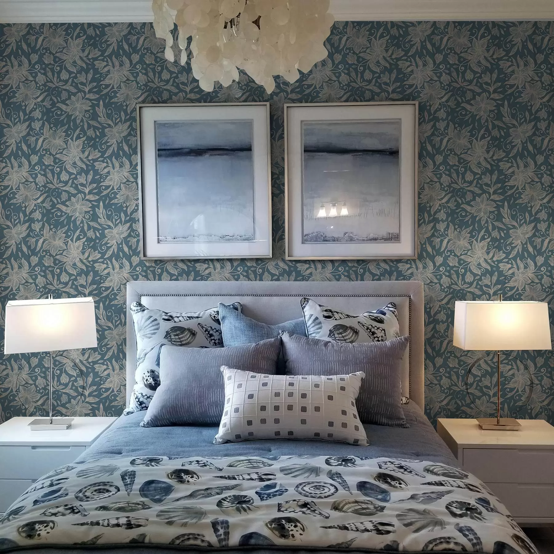 wall murals Cream linear flowers on a blue background, delicate scrolls a00630