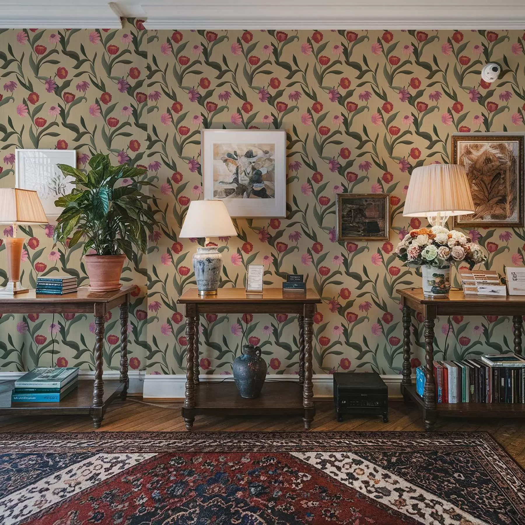 wall murals Pink-red flowers on a beige background, hand-drawn texture a00631