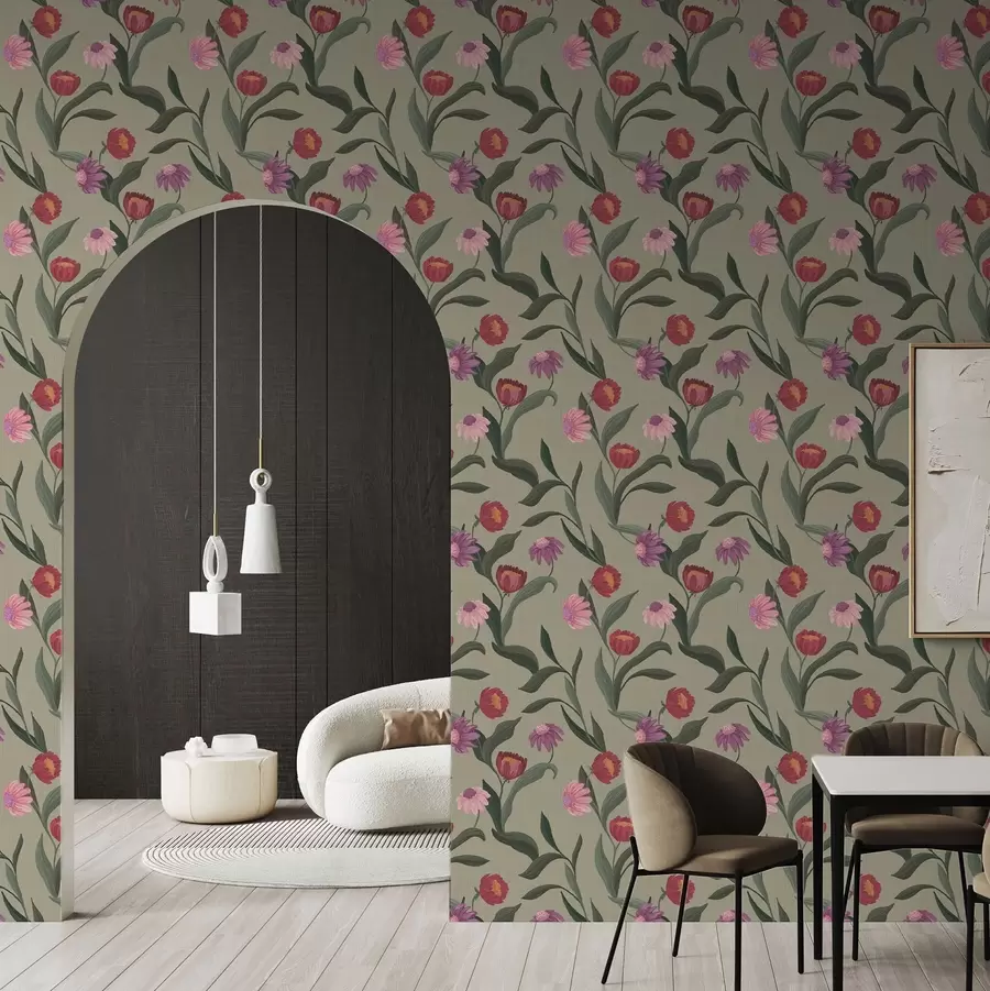 wall murals Pink-red flowers on an olive background, canvas texture a00631v1