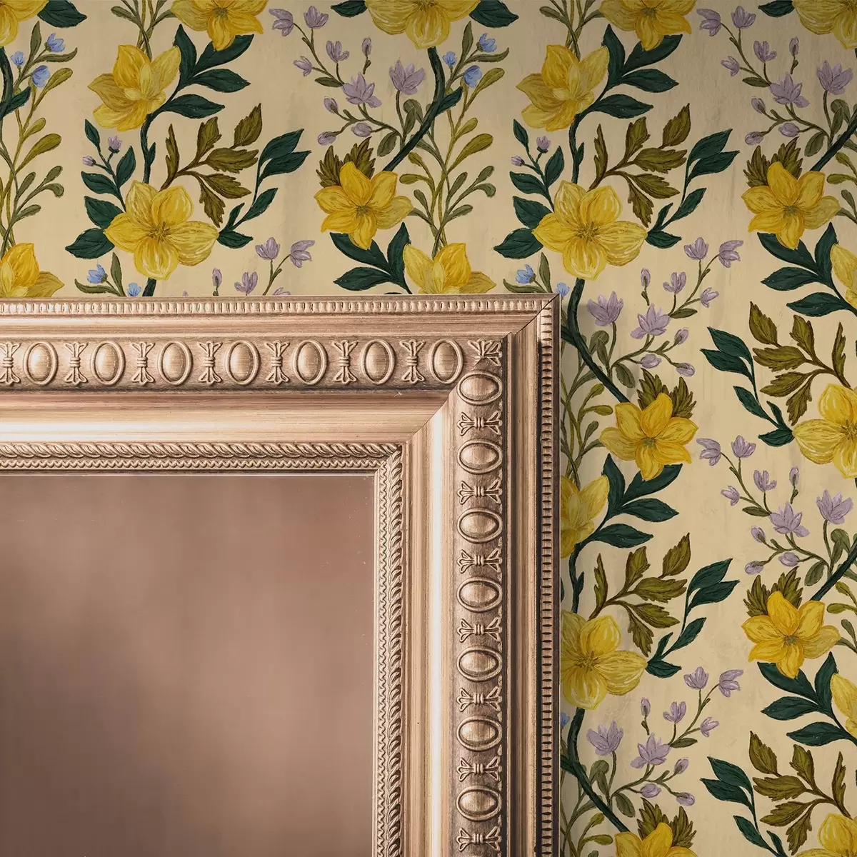 Wallpaper Yellow flowers in vertical garlands on a cream background a00632