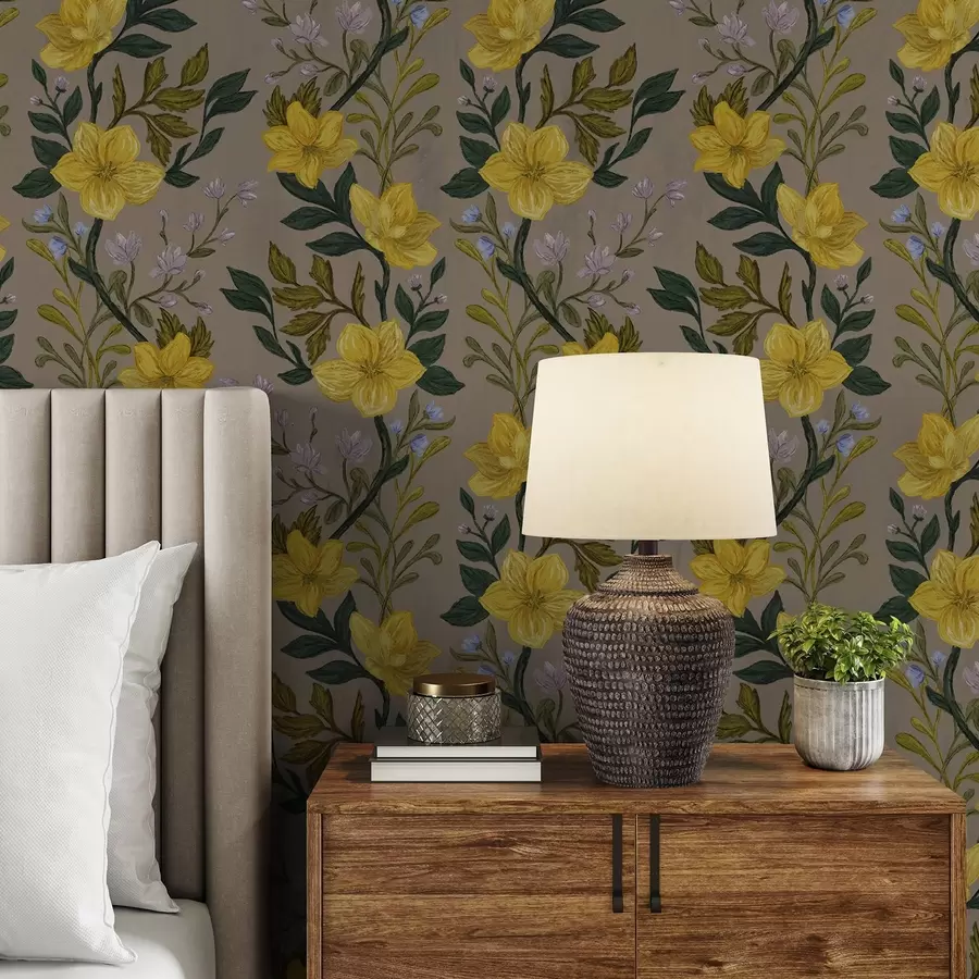 wall murals Yellow flowers in vertical garlands on a taupe background a00632v1