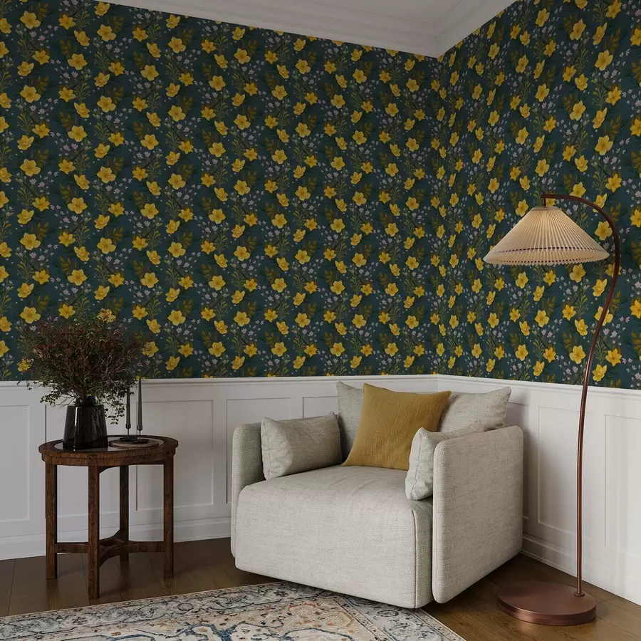 wall murals Yellow flowers in vertical garlands on a dark blue background a00632v2