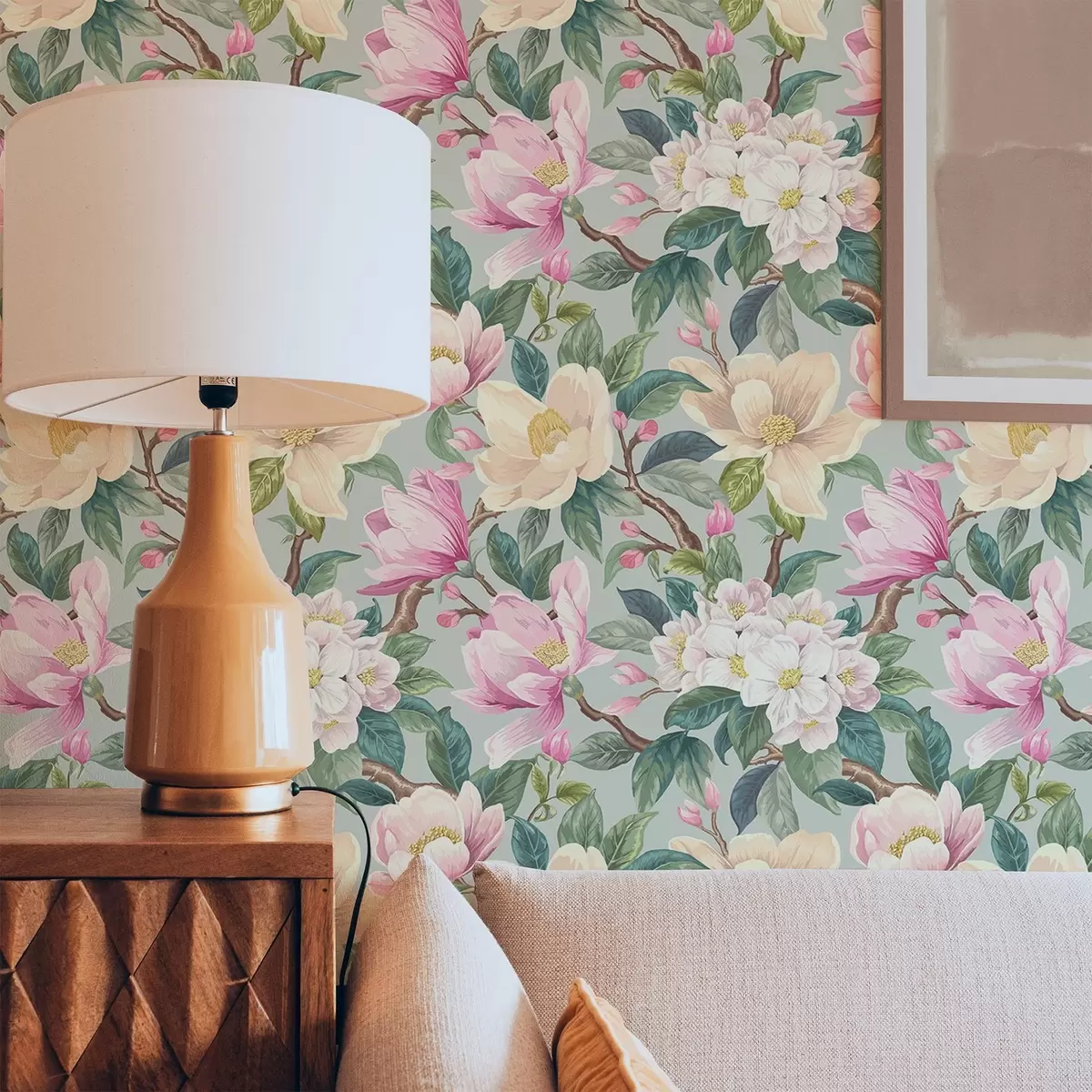 Wallpaper Magnolias and white blossoms on a mint-gray background a00644