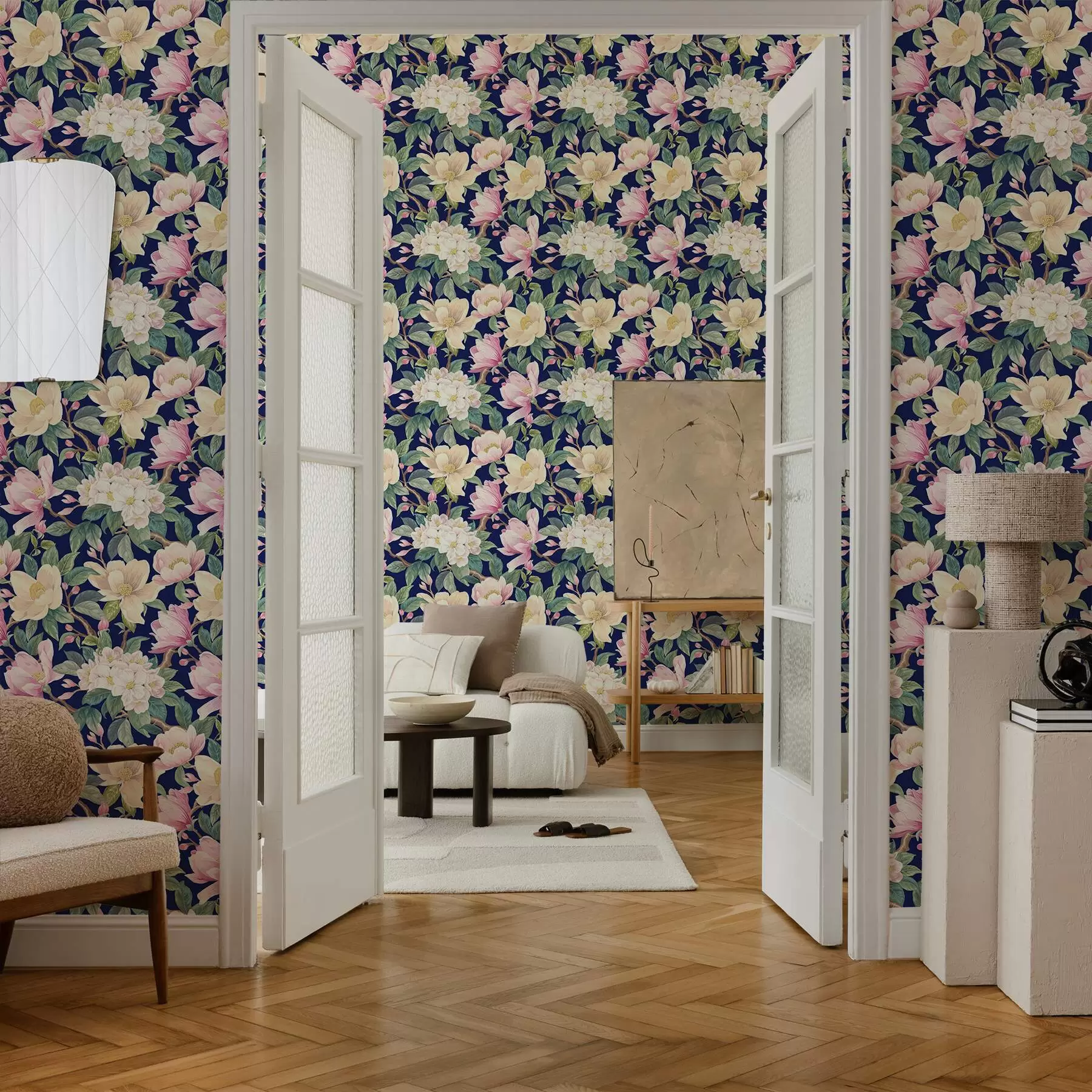 wall murals Magnolias and buds on a deep navy background a00644v1