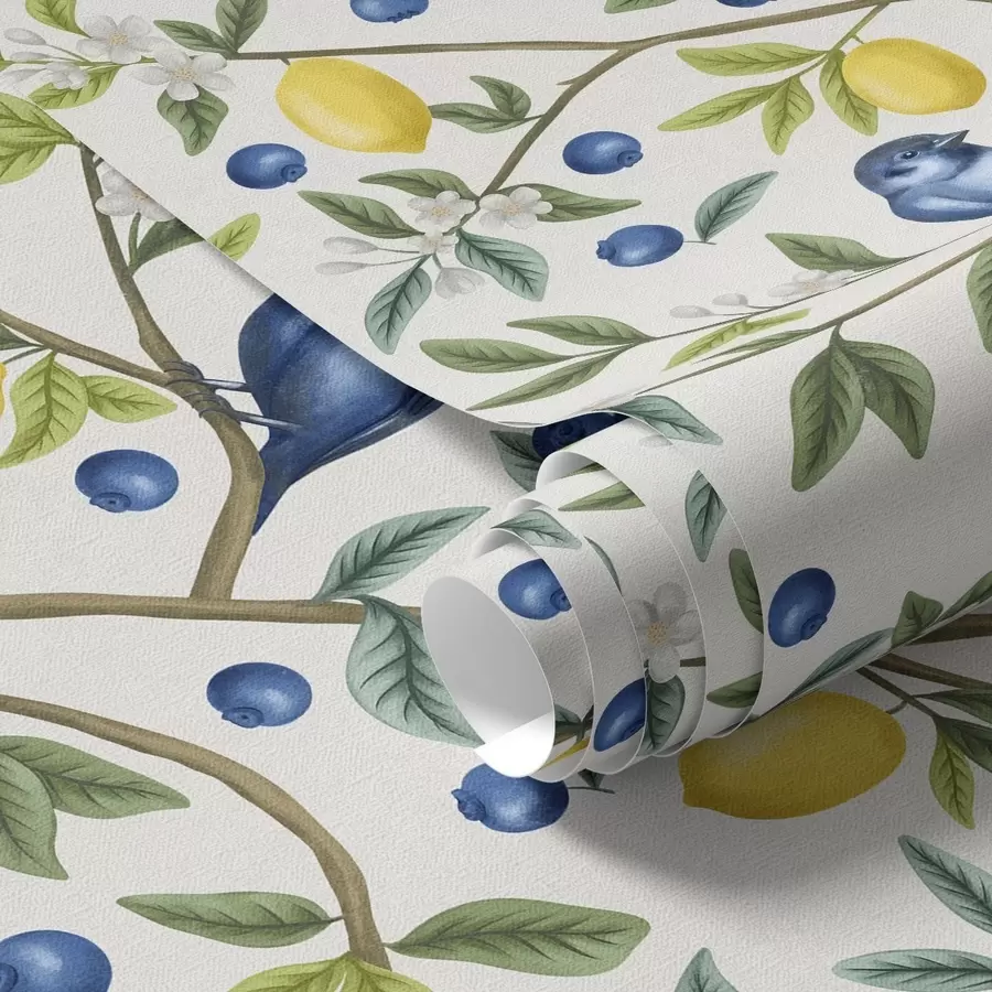wall murals Blue birds, lemons and berries on a white background a00668