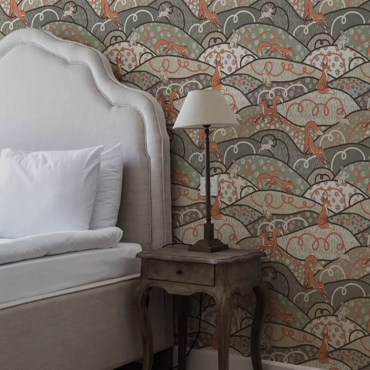 Wallpaper Foxes and hares on wavy hills, retro pattern a00690