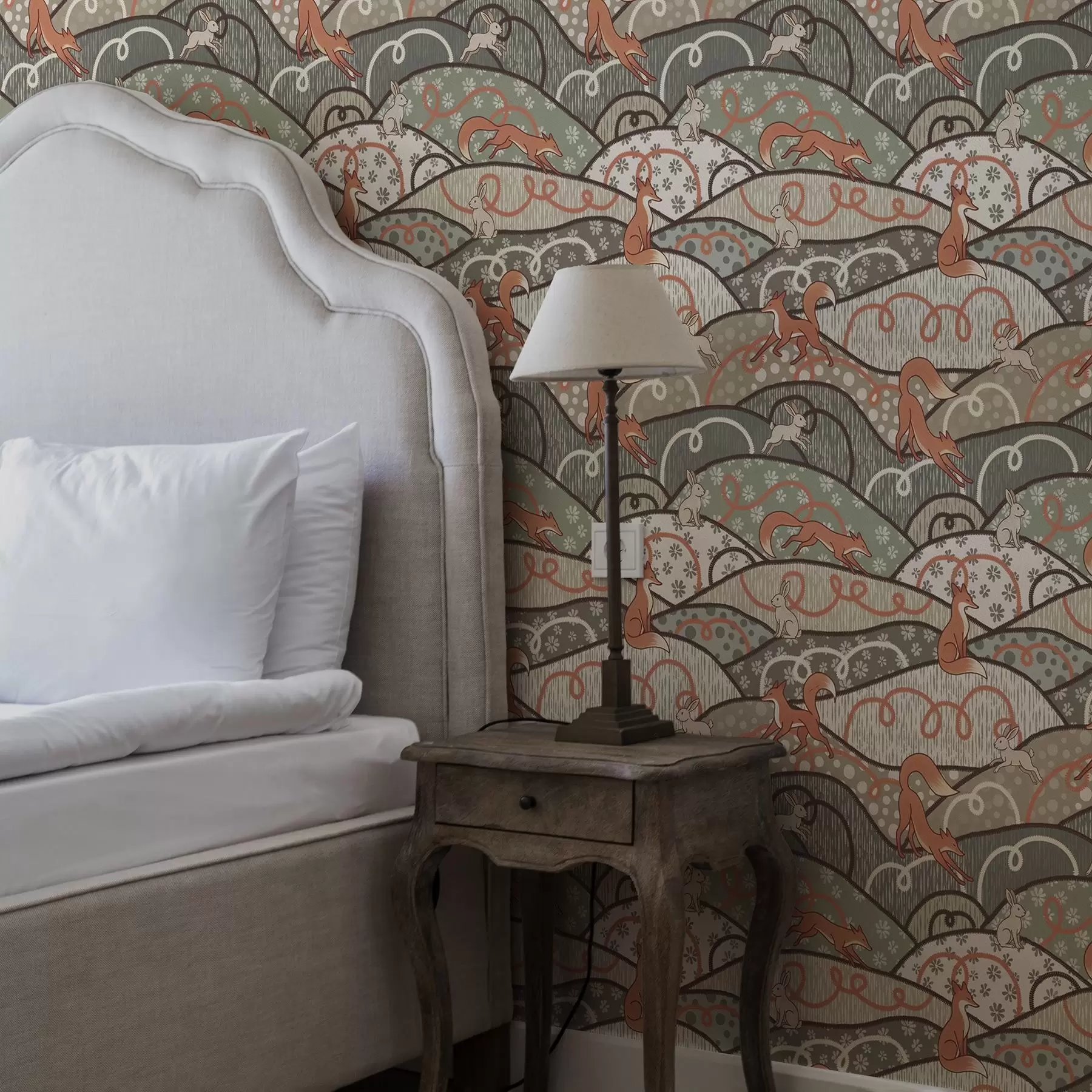 wall murals Foxes and hares on wavy hills, retro pattern a00690