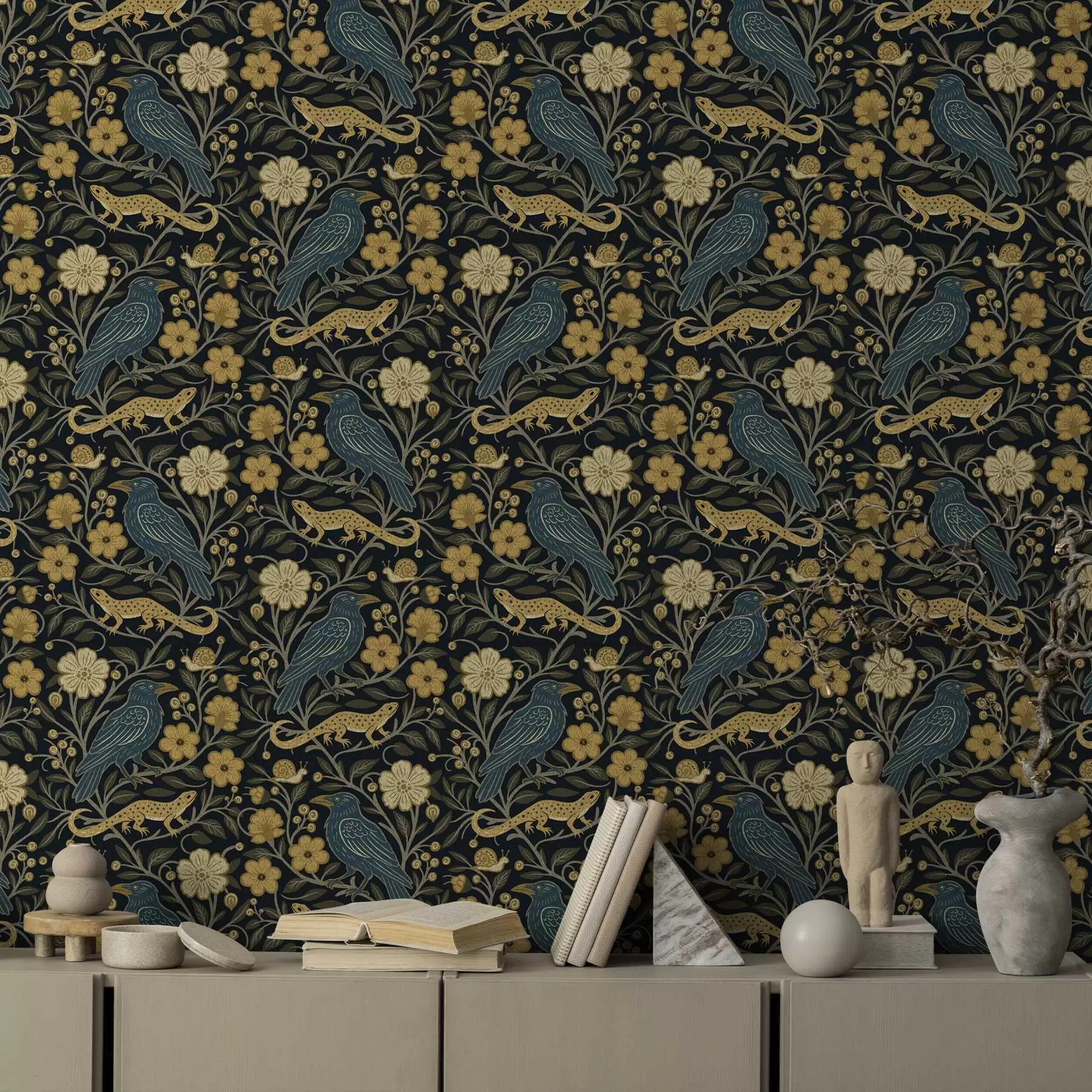 wall murals Birds, lizards and snails among flowers on a dark background a00691