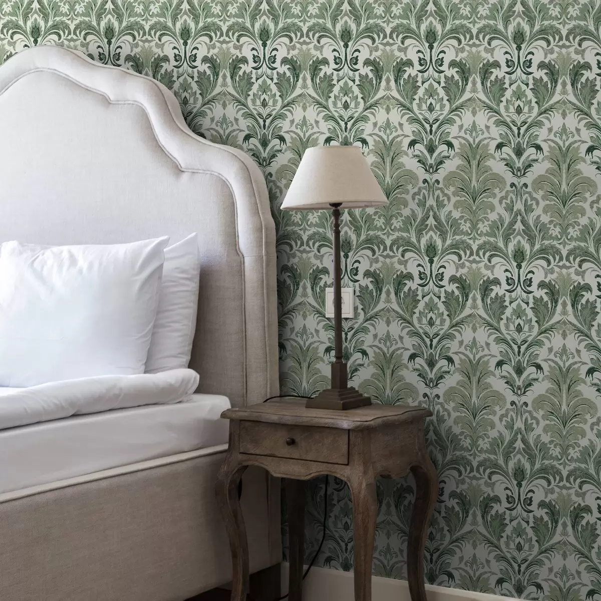 Wallpaper Green damask with raised texture on a light background a00692