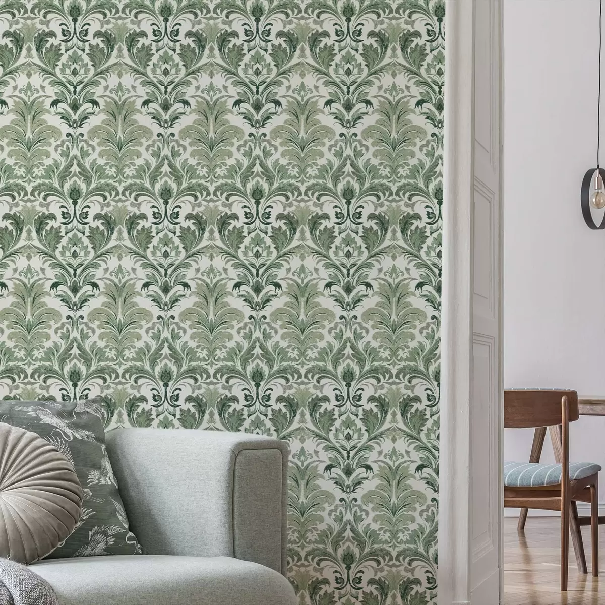 Wallpaper Green damask with raised texture on a light background a00692
