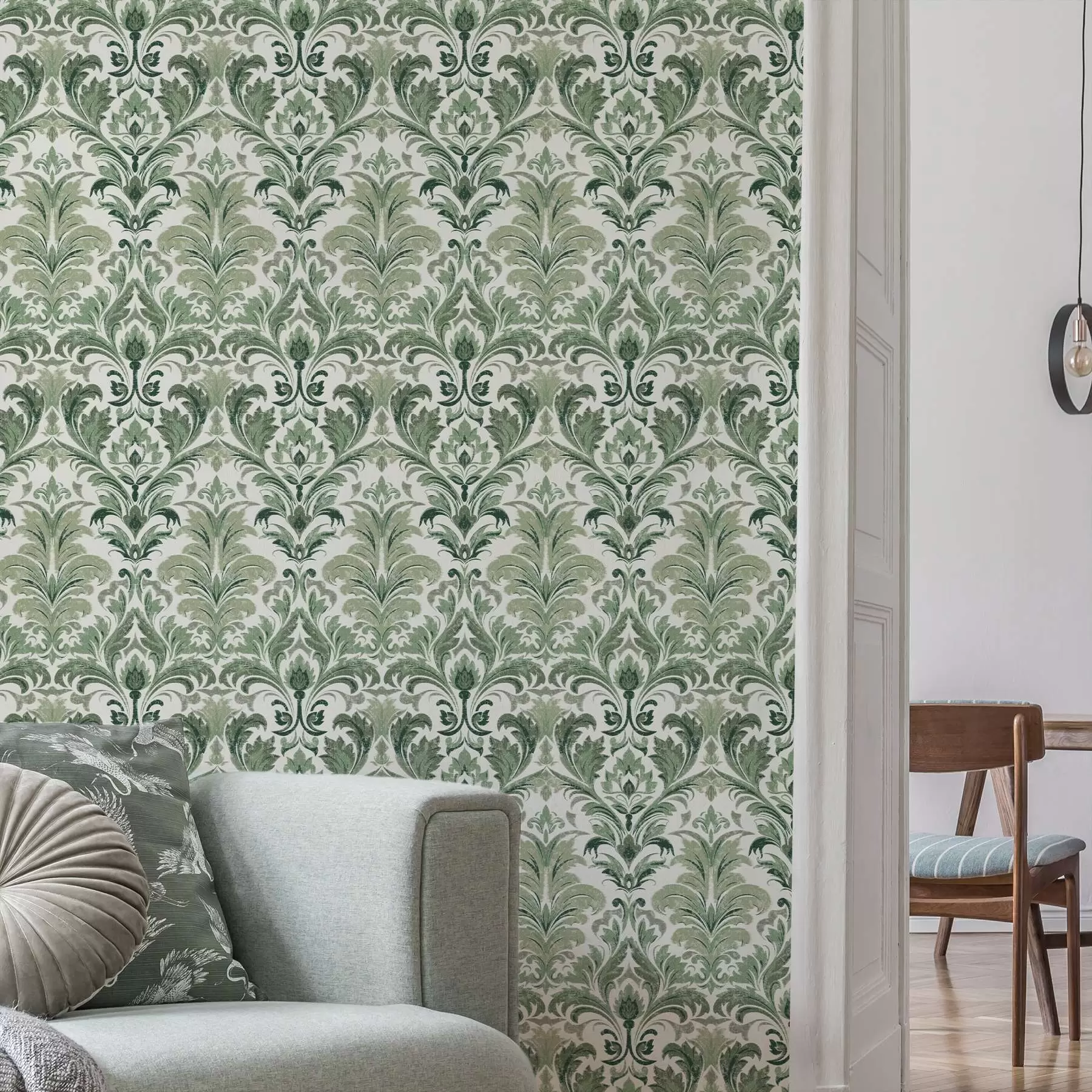 wall murals Green damask with raised texture on a light background a00692