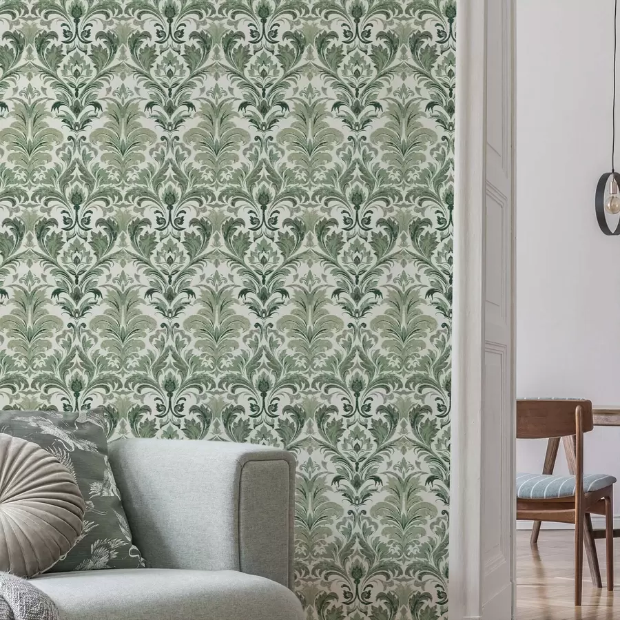 wall murals Green damask with raised texture on a light background a00692