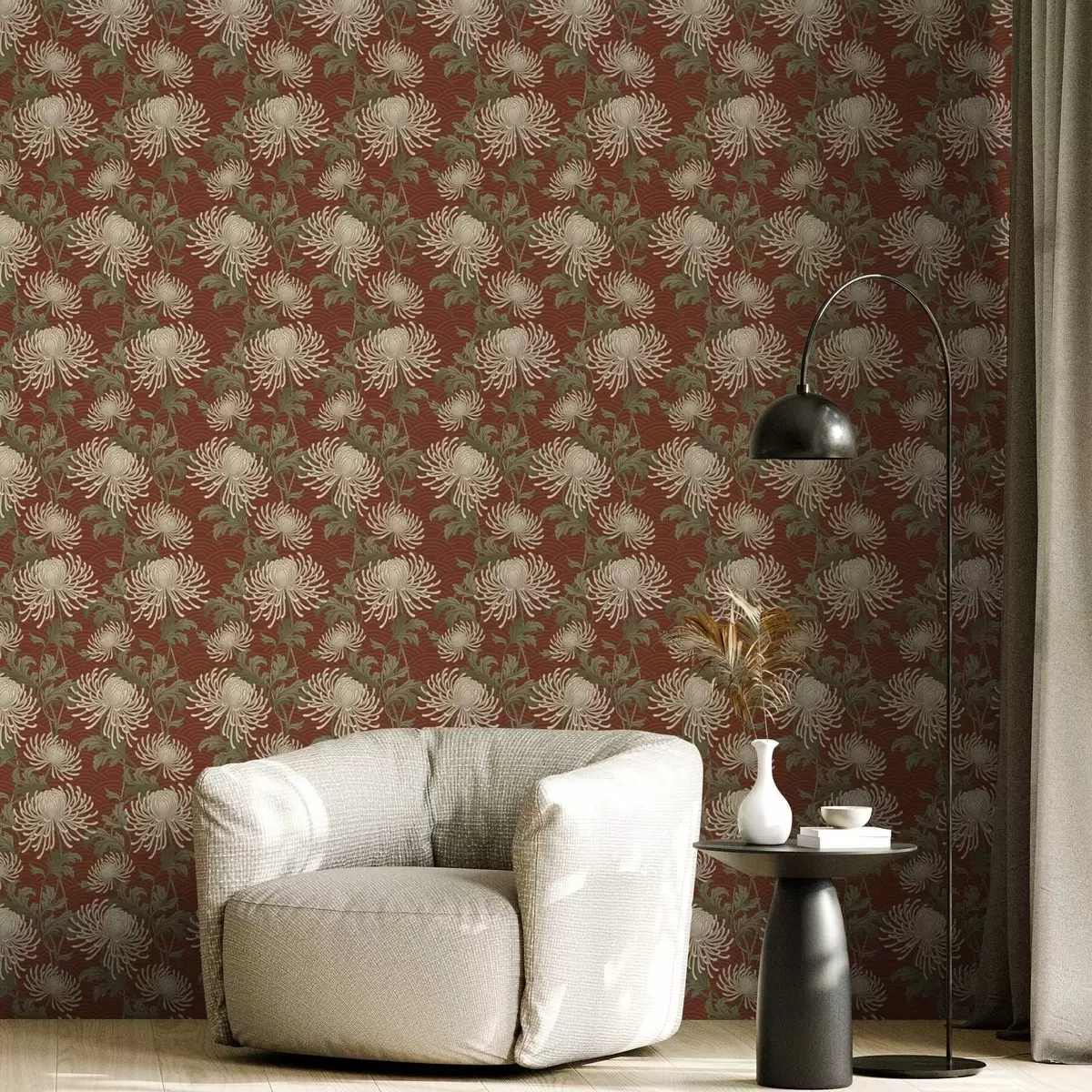 Wallpaper Cream chrysanthemums on a terracotta background, Asian style a00693
