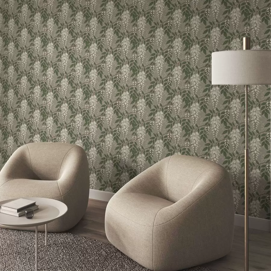 wall murals Light wisteria on a gray-olive background, cascading clusters a00694