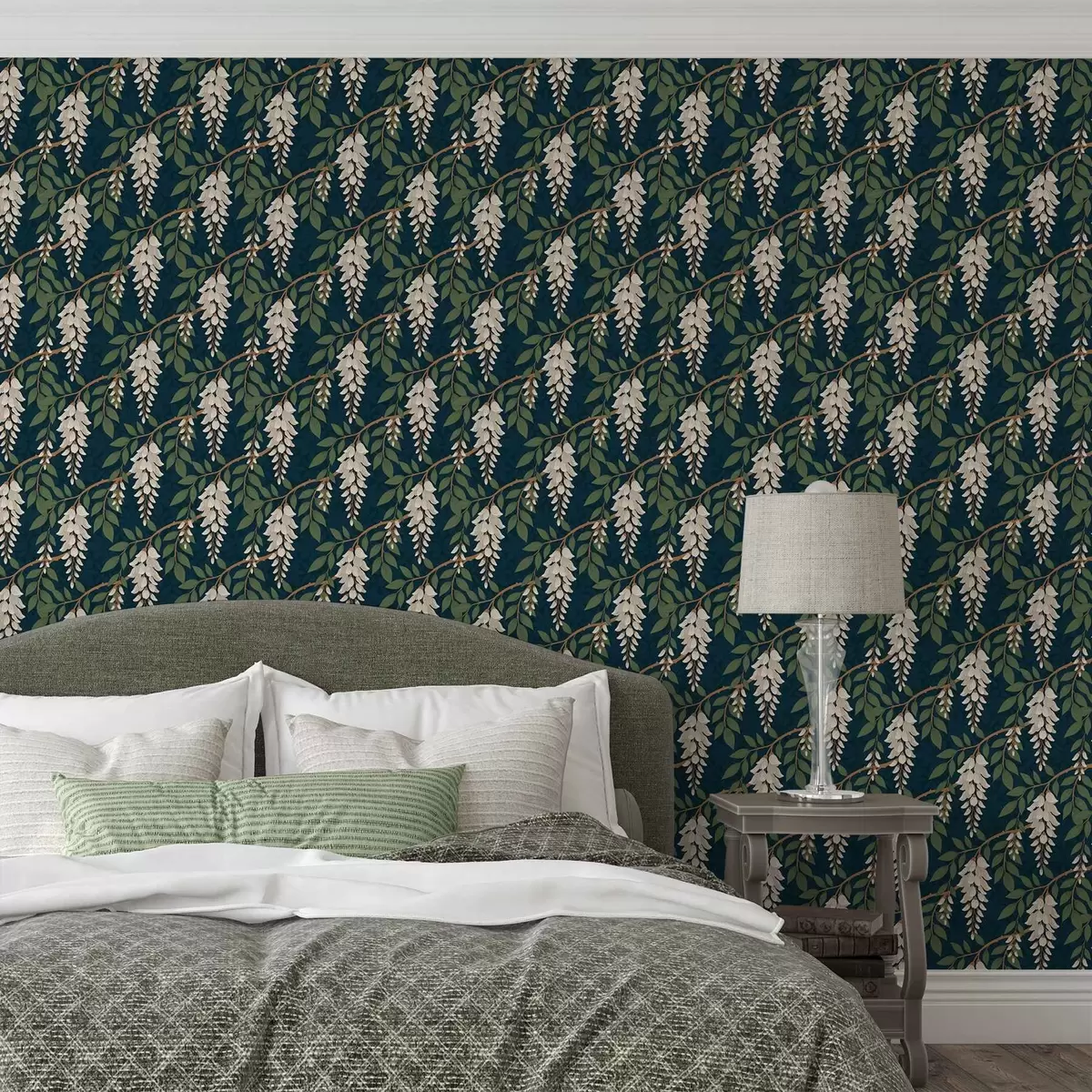 Wallpaper Ivory wisteria on a deep teal background a00694v1