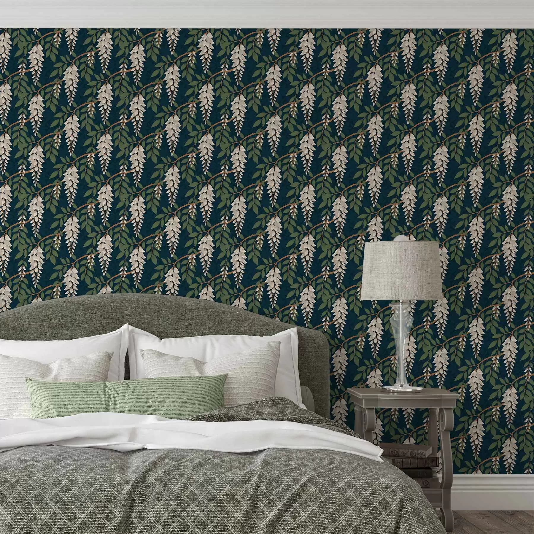 wall murals Ivory wisteria on a deep teal background a00694v1