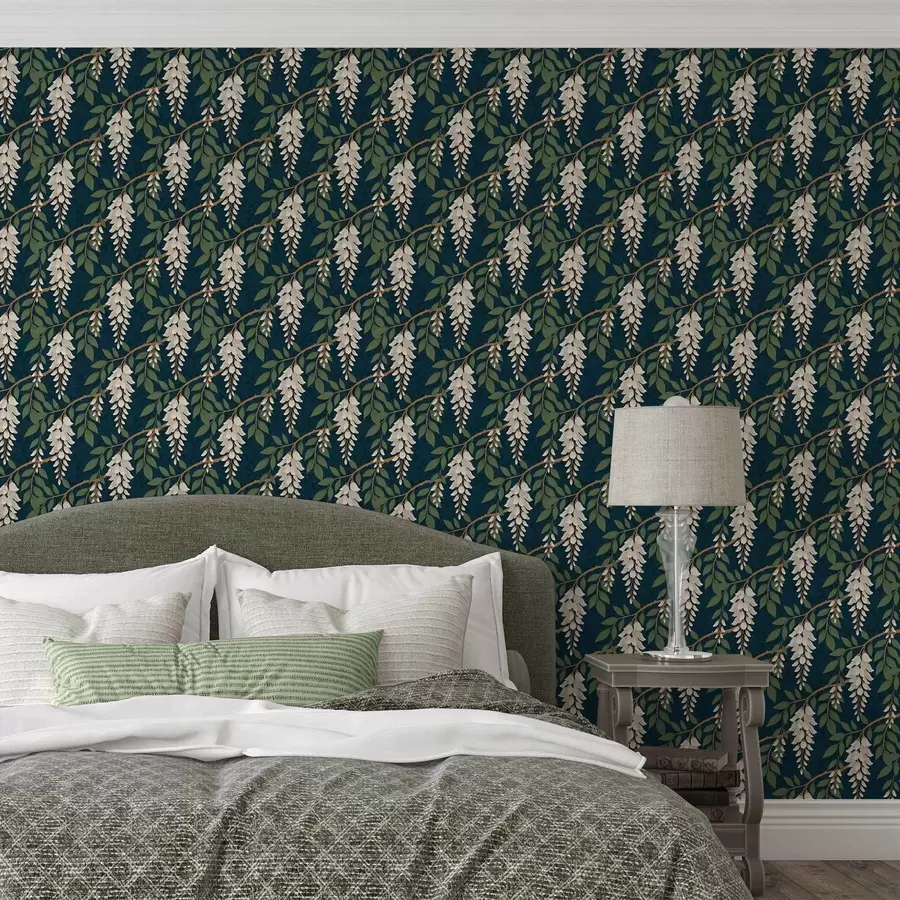 wall murals Ivory wisteria on a deep teal background a00694v1