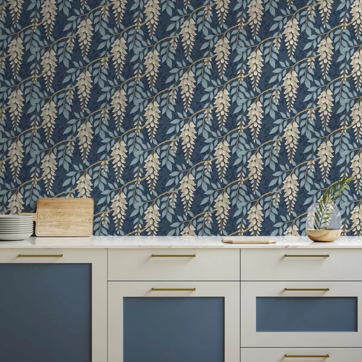 Wallpaper Wisteria with blue leaves on a dark blue background a00694v2