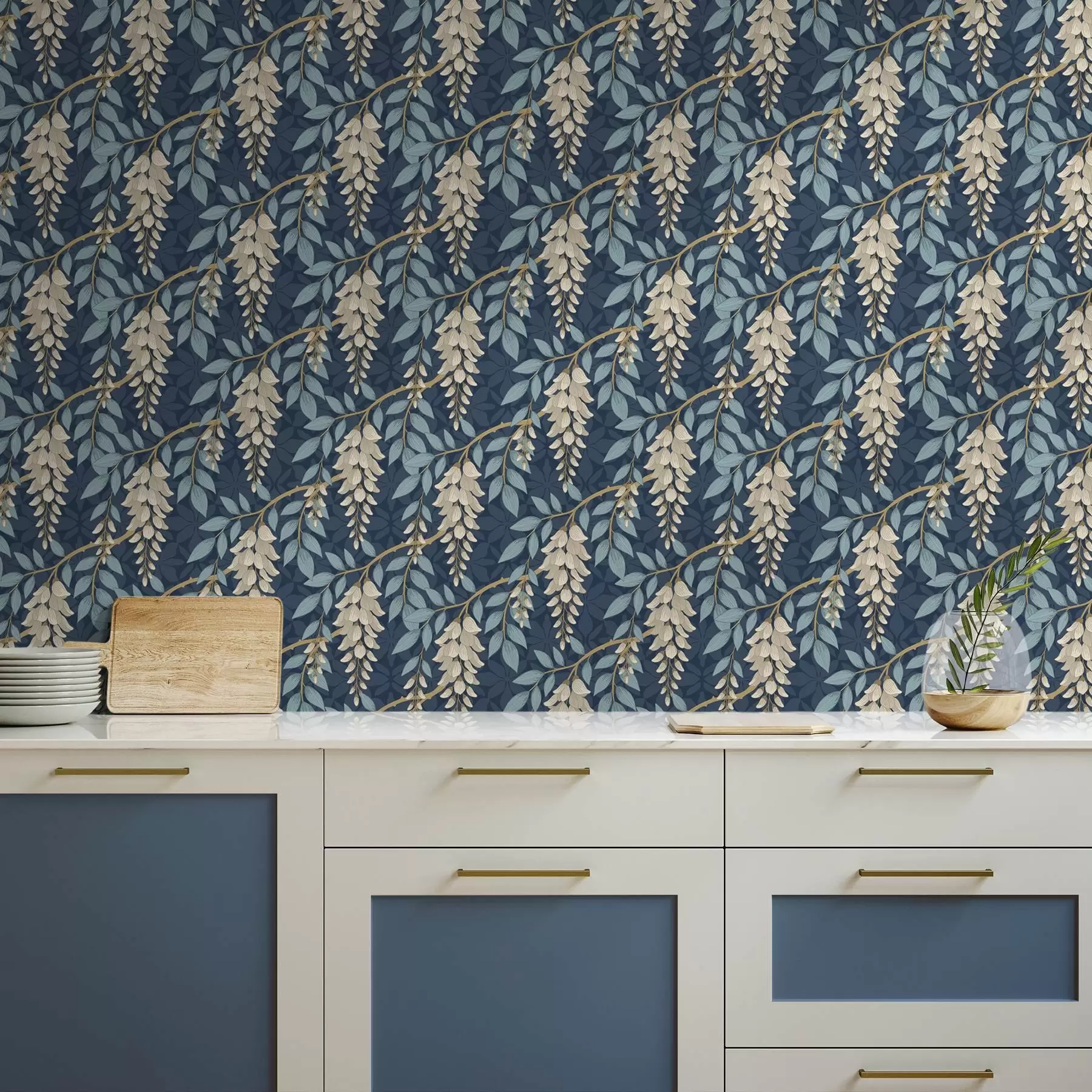 wall murals Wisteria with blue leaves on a dark blue background a00694v2